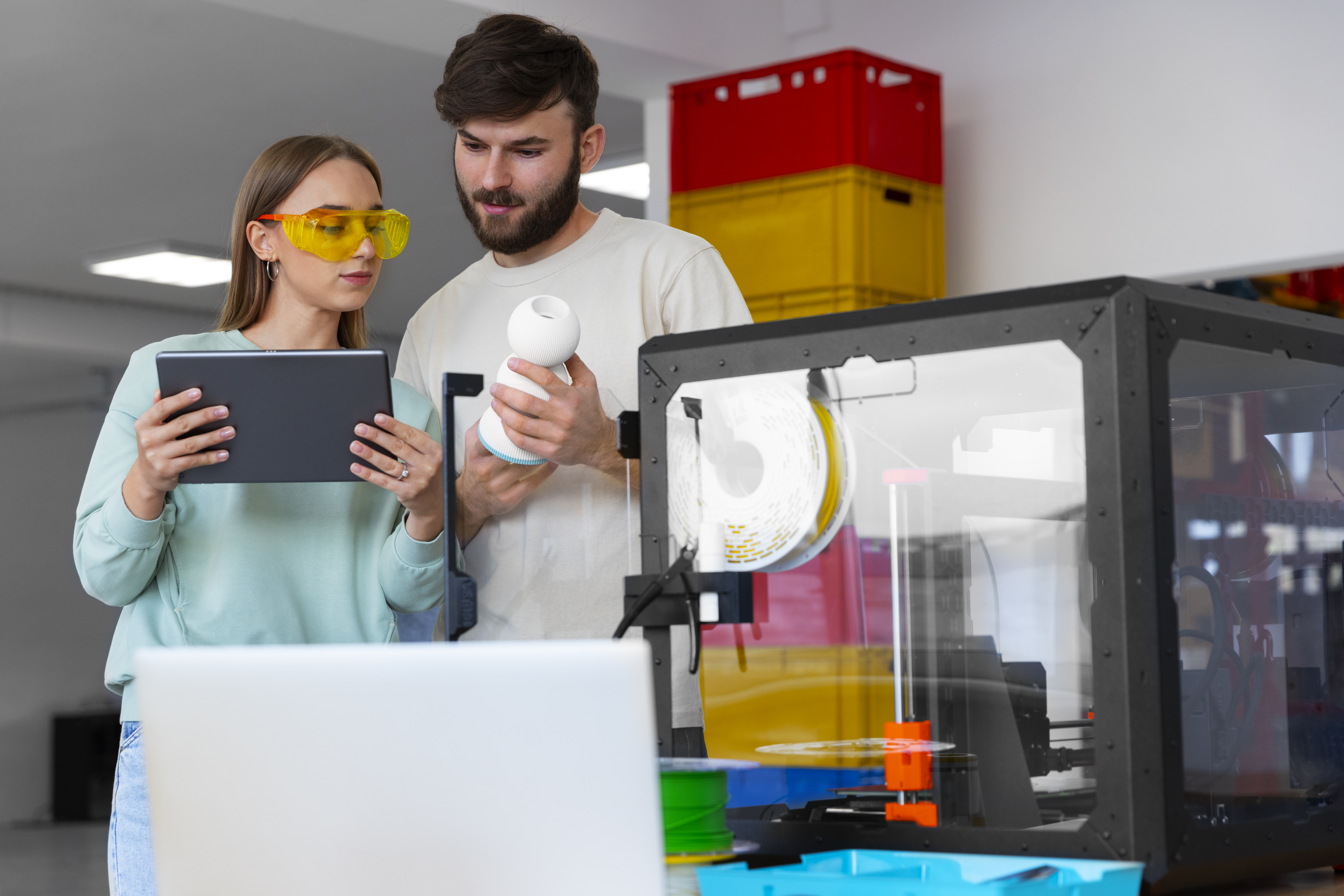 Designers collaborating around a 3D printer